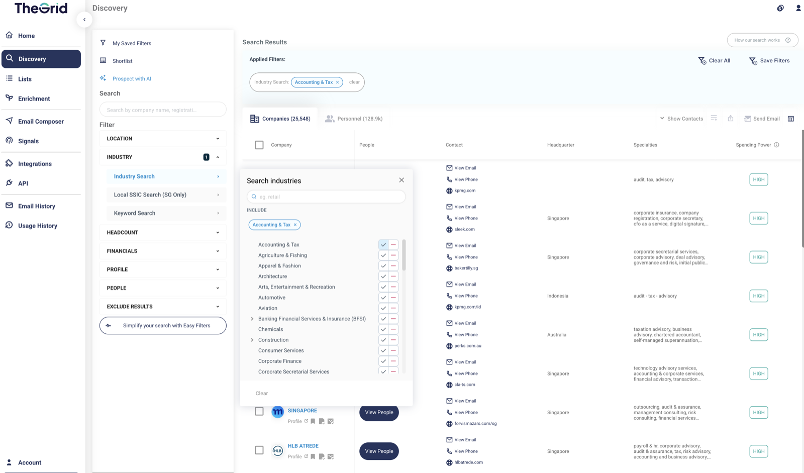 Company search filtered by industry, showing the SSIC classification and social-derived headcount for each company.